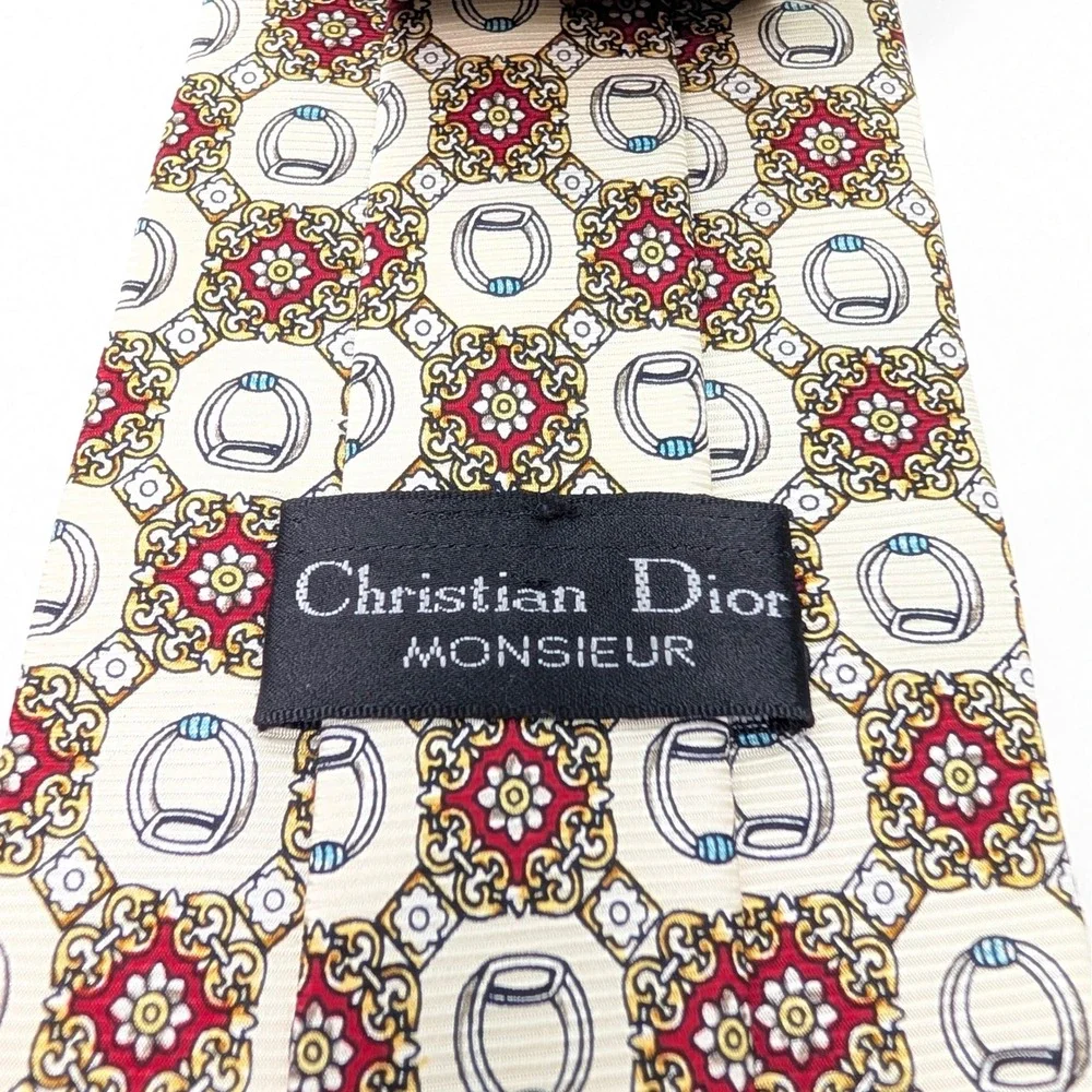 Christian‎ Dior Monsieur Silk Tie Cream Burgundy Gold Medallion Stirrup Pattern